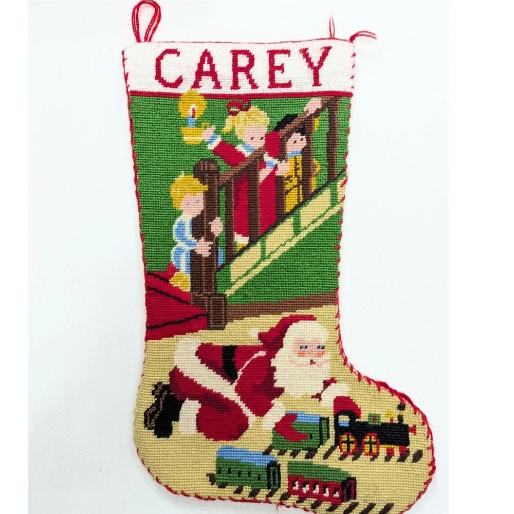 Vintage Needlepoint Stocking Santa Train Kids Stairs Quality Handmade w/Name